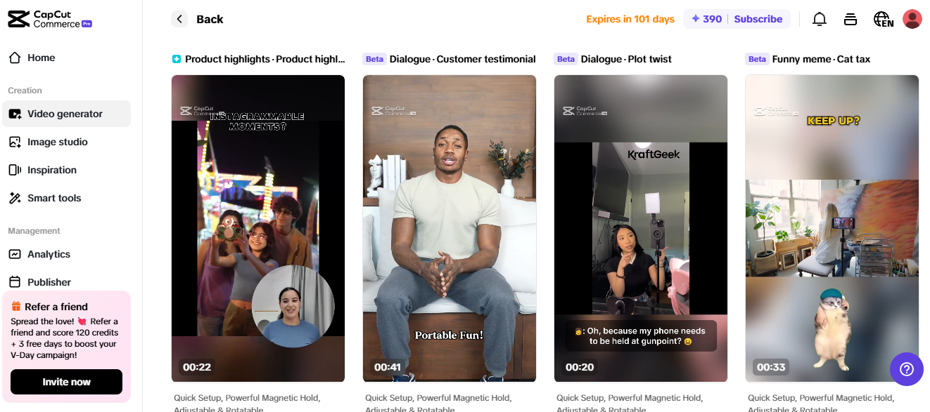 Pippit interface showcasing eCommerce tools for AI-generated product marketing and customer engagement.